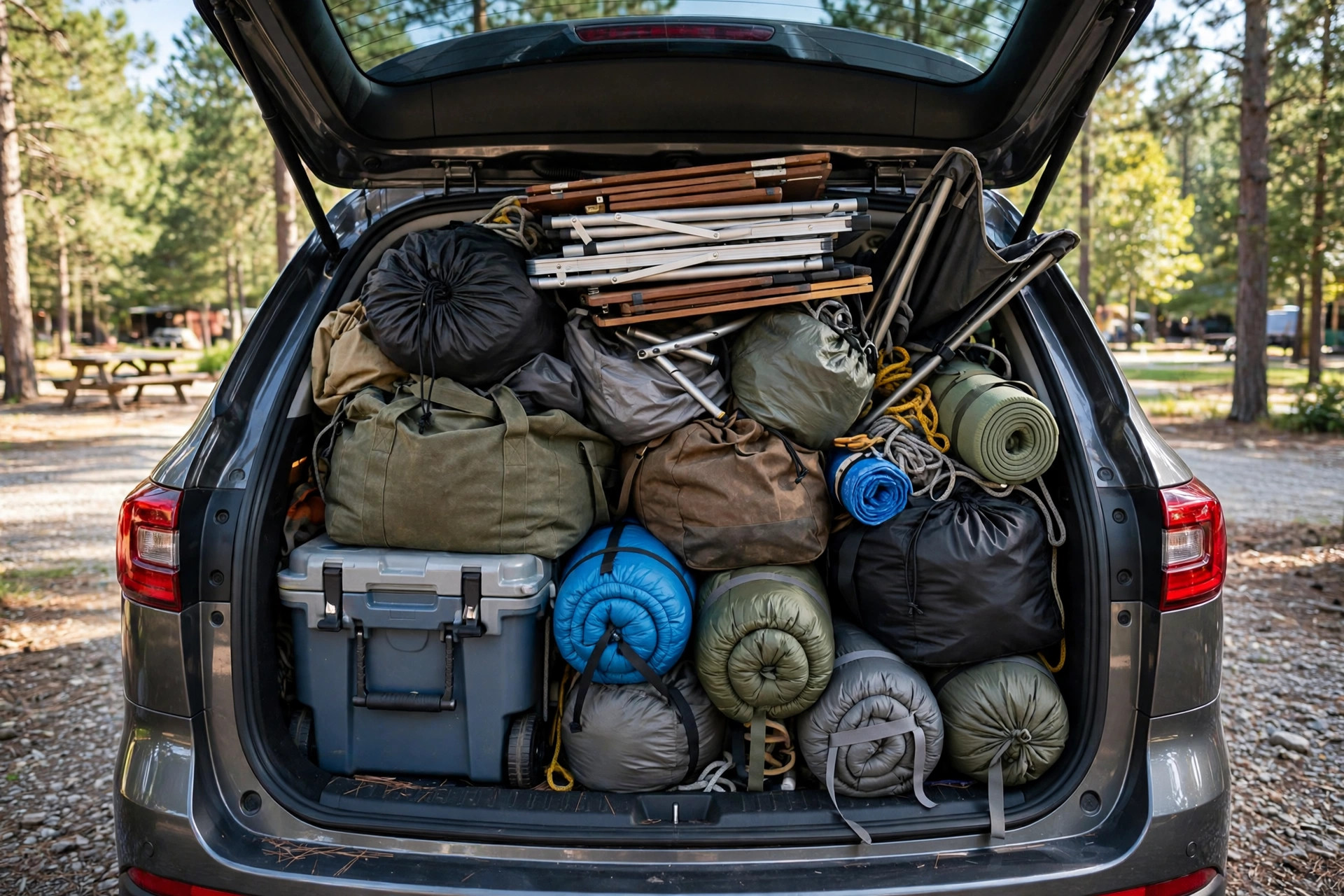 Overpacked SUV trunk stuffed full of camping gear, coolers and tent bags at a campground