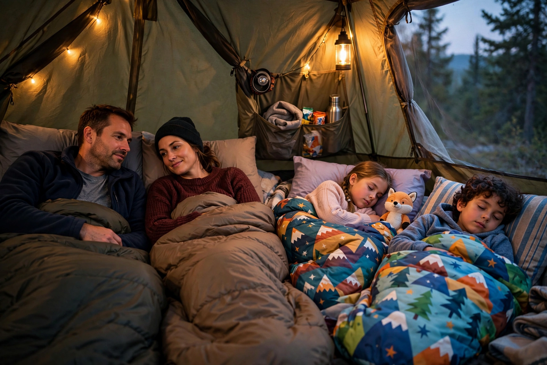 Kids tucked into sleeping bags inside a family camping tent at dusk