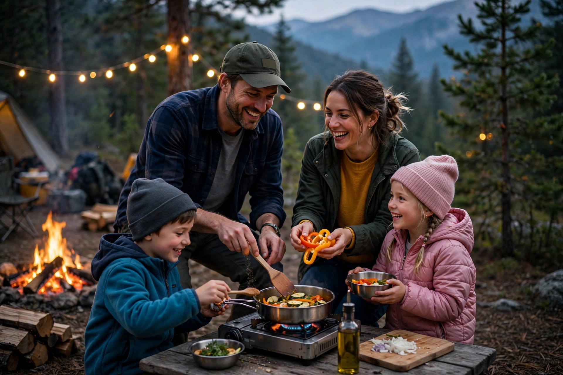 Family cooking together at a campsite camp kitchen at dusk