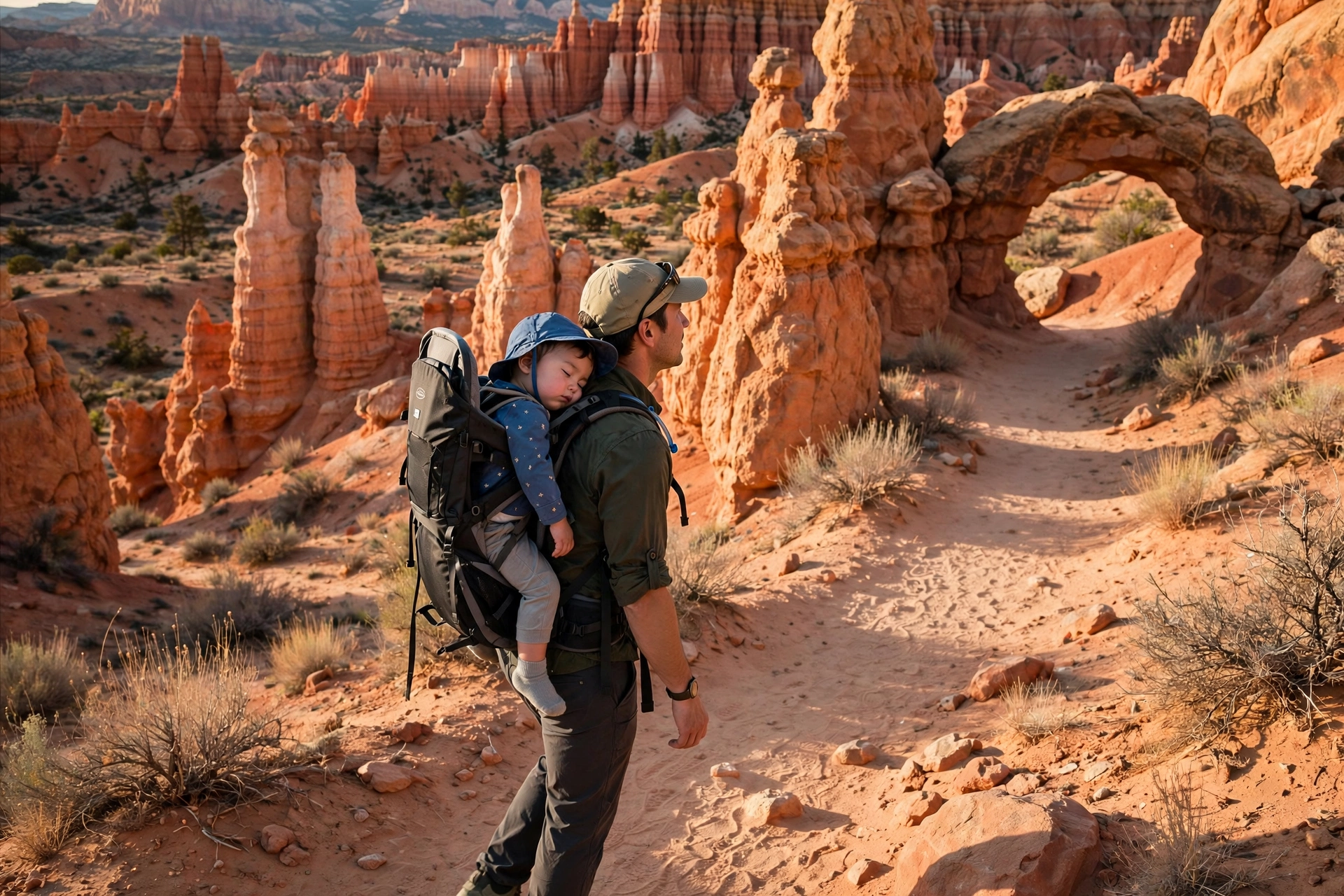 Grand Staircase-Escalante Camping 13 Family hiking past hoodoo rock formations in Devil's Garden Utah with toddler in a carrier