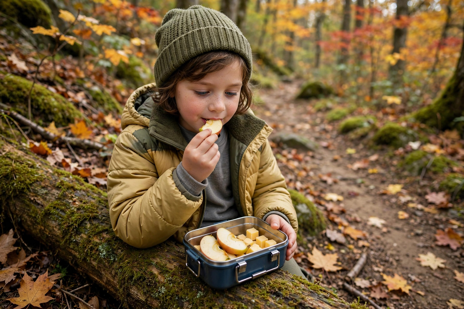 Family Hiking Snacks: 20 Trail-Tested Ideas for Kids 11 Child eating apple slices and cheese cubes from a lunch box on a forest trail