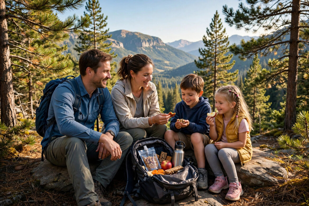 Family with kids taking a snack break on a sunny forest hiking trail
