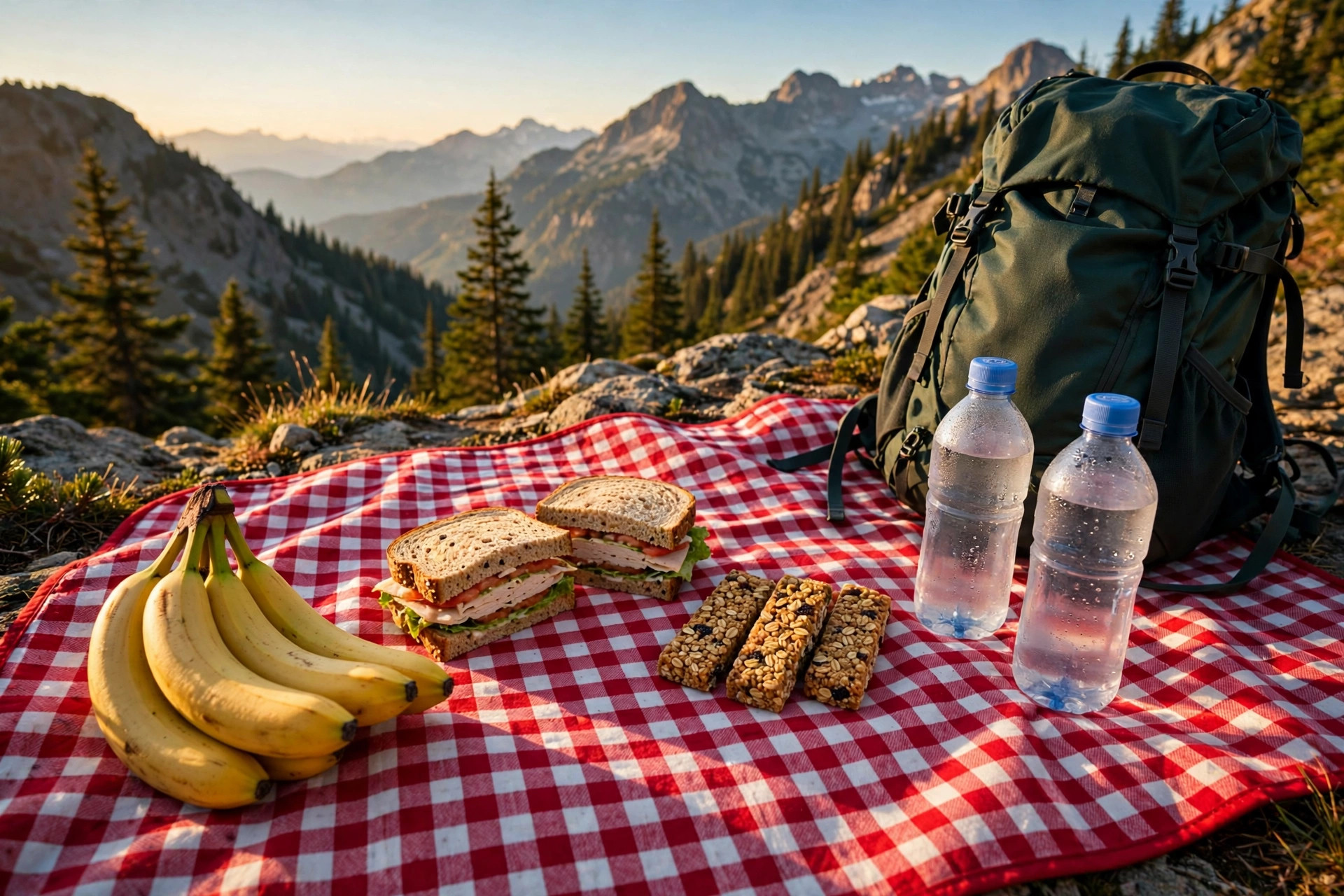 Family Hiking Snacks: 20 Trail-Tested Ideas for Kids 12 Family picnic snack spread with fruit sandwiches and water bottles at a mountain trail viewpoint