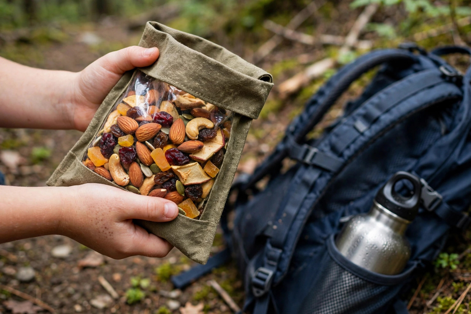 Family Hiking Snacks: 20 Trail-Tested Ideas for Kids 10 Child holding a reusable bag of homemade trail mix on a hiking trail