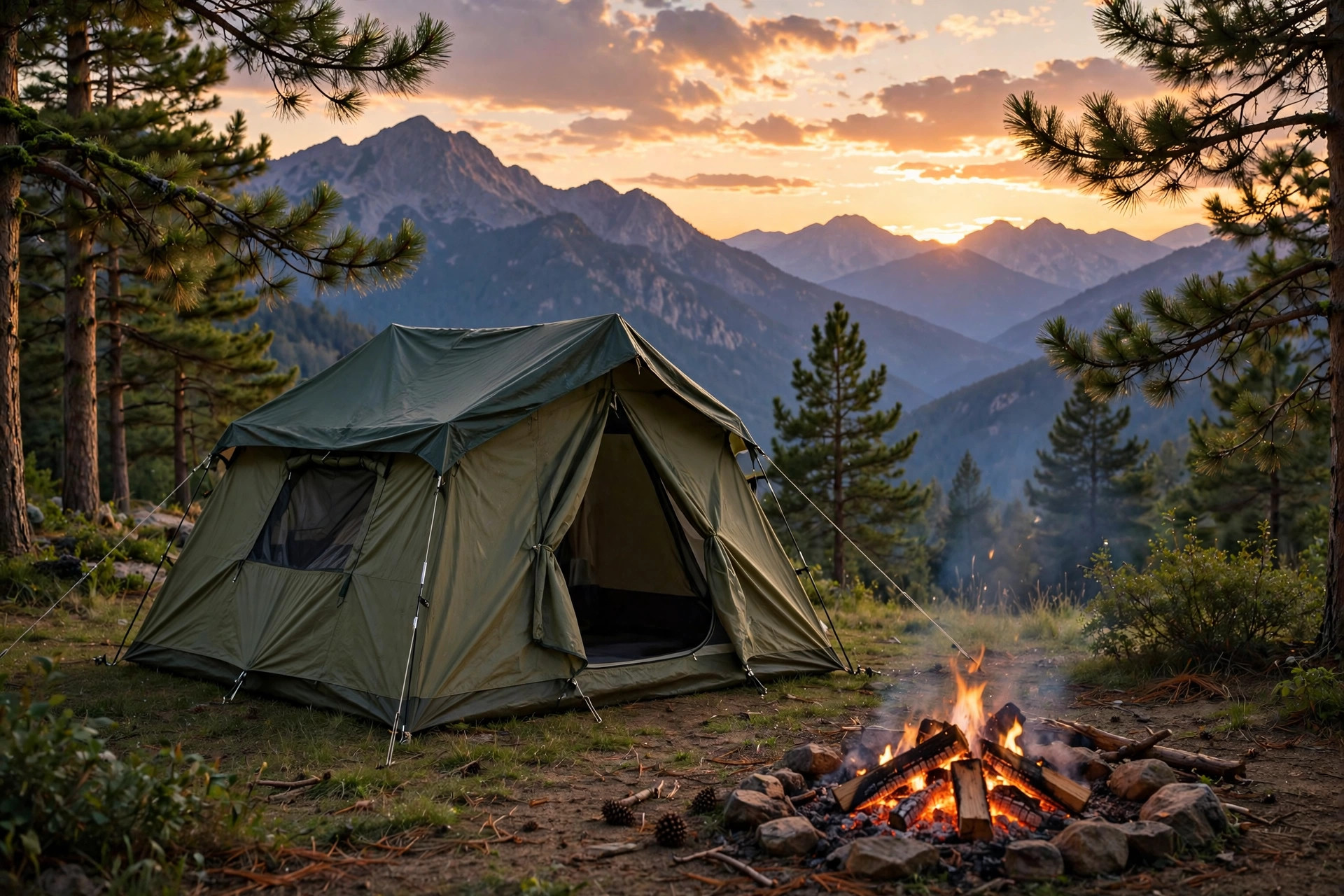 How Much Does a Family Road Trip Cost? (2026) 11 Family tent pitched at a scenic campsite at sunset with a glowing campfire