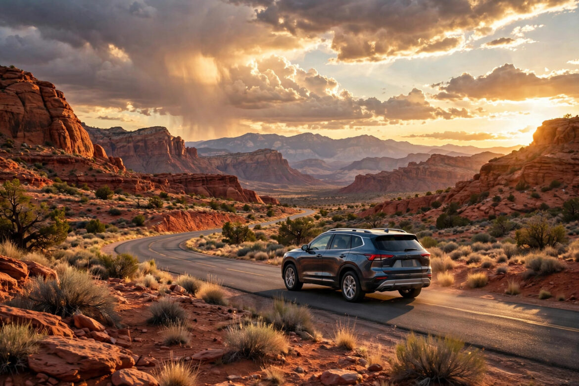 Family SUV driving on a scenic desert highway at sunset during a family road trip