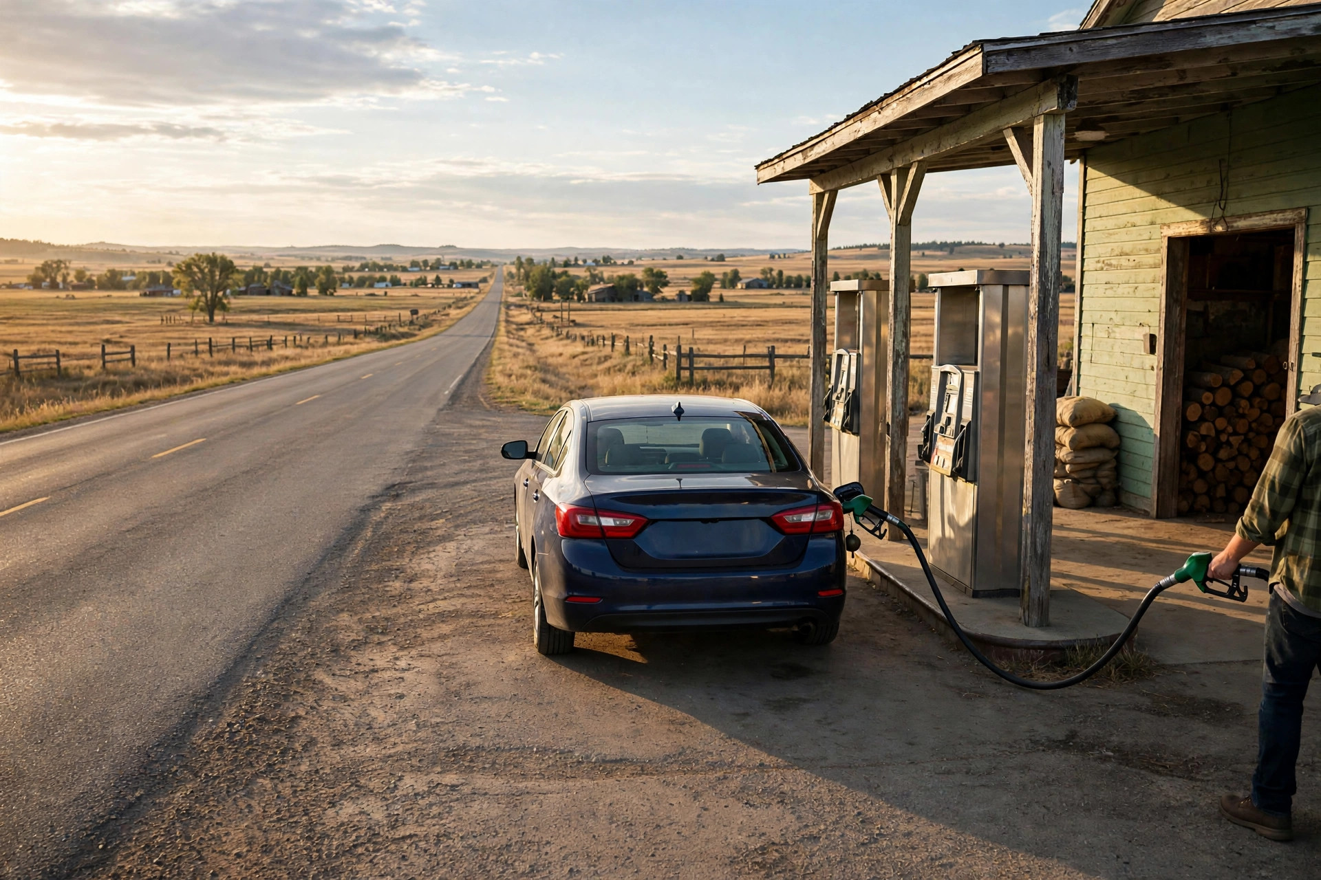 How Much Does a Family Road Trip Cost? (2026) 10 Refueling the car at a roadside gas station on a long family road trip