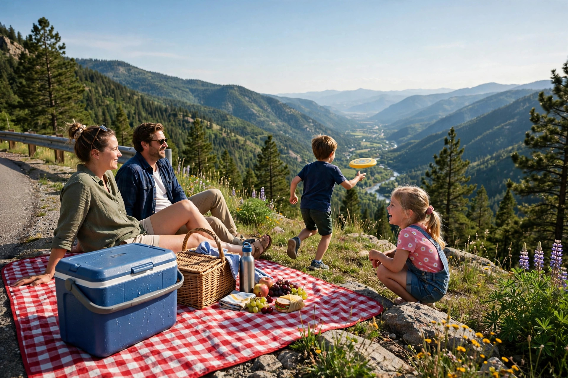How Much Does a Family Road Trip Cost? (2026) 12 Family picnic lunch at a scenic roadside overlook with valley views