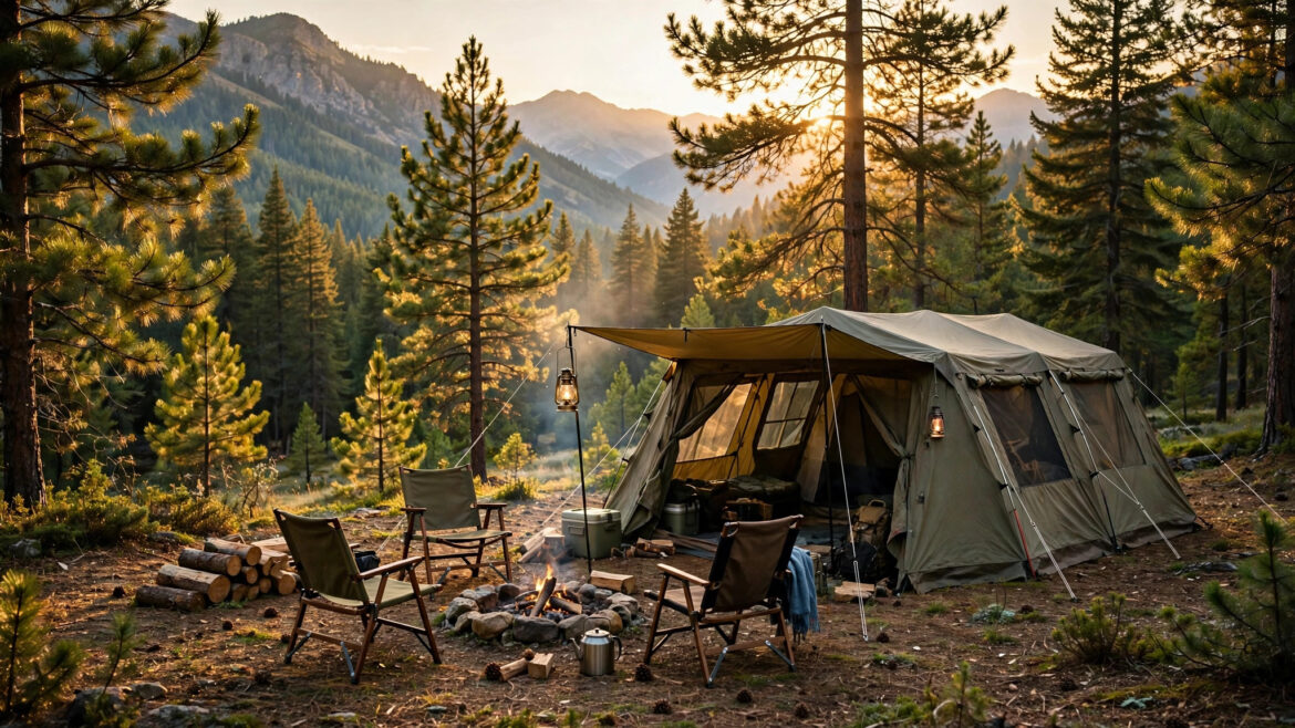 Large family camping tent set up in a forest campsite at golden hour