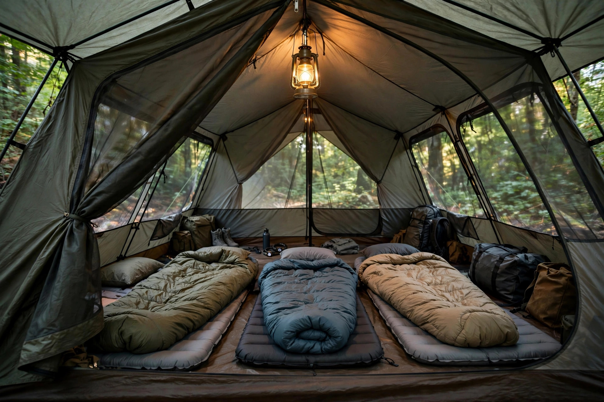 Family Tent Buying Guide: Choose the Right Size 11 Inside view of a spacious family tent with sleeping pads, sleeping bags, and gear arranged around the floor