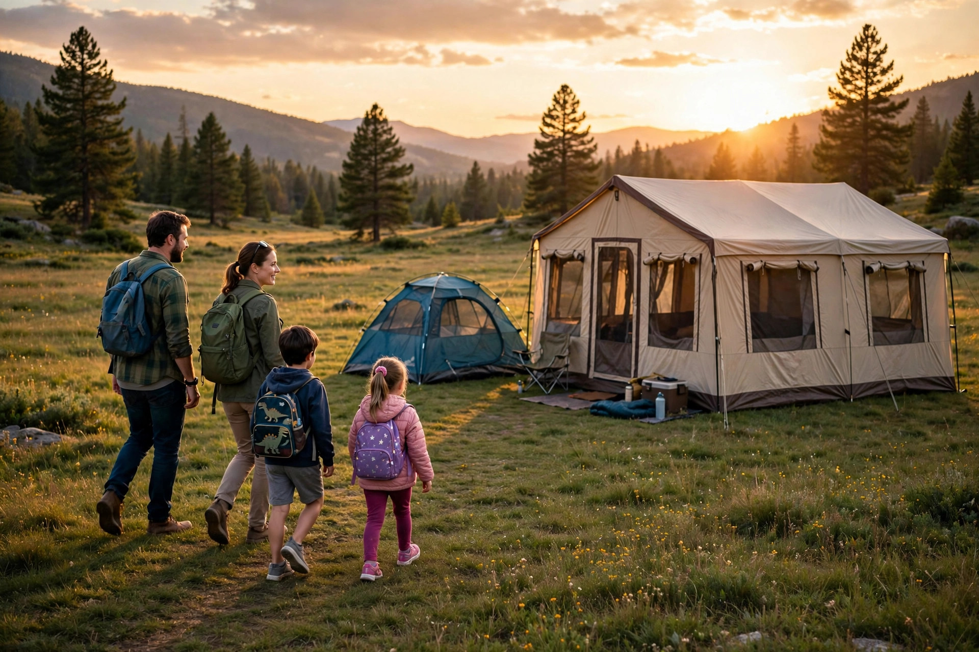 Family Tent Buying Guide: Choose the Right Size 10 Two family tents of different sizes compared side by side on a grassy campsite meadow at sunset