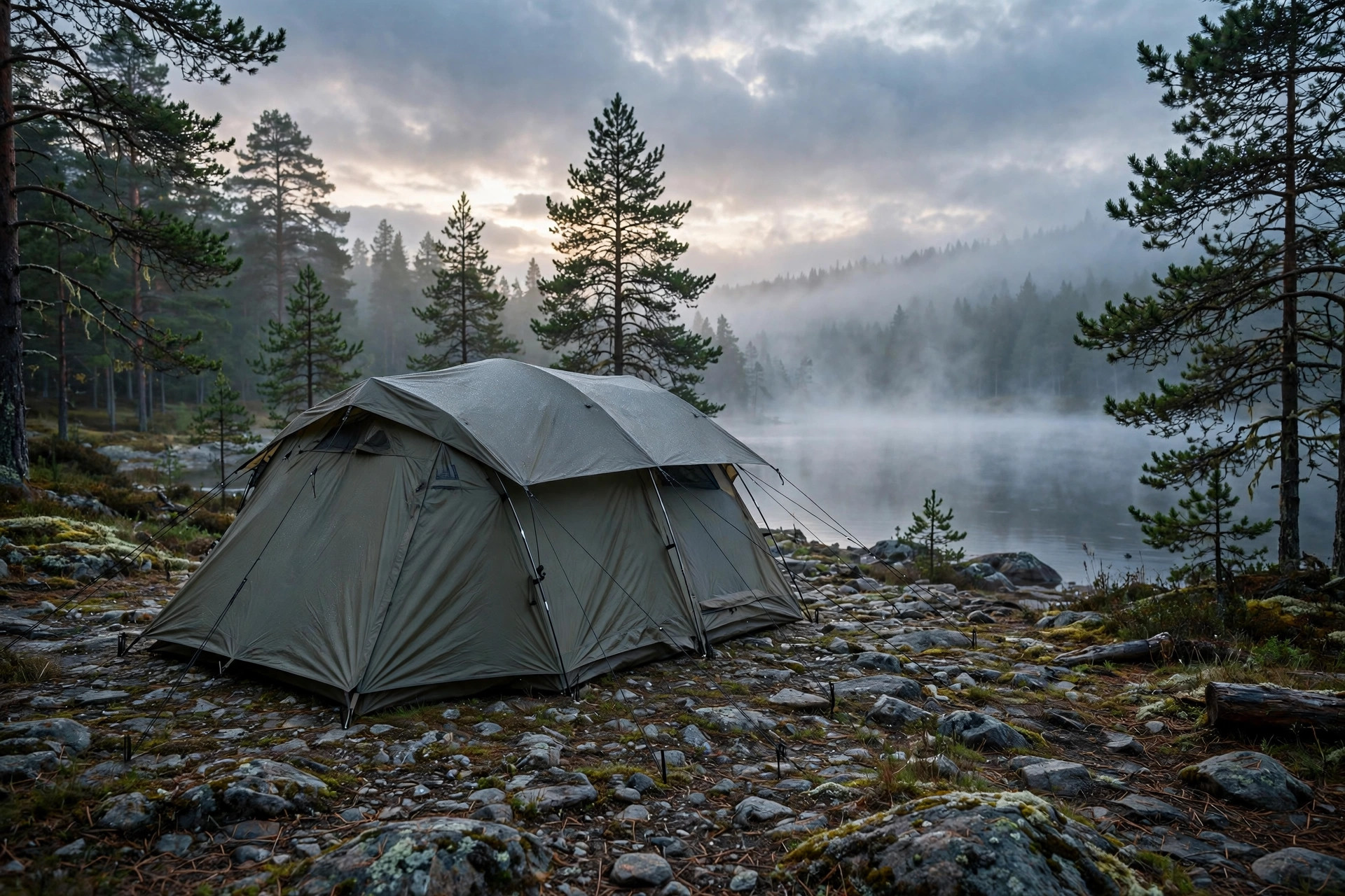Family Tent Buying Guide: Choose the Right Size 12 Sturdy family camping tent with rain fly set up on a lakeshore campsite at dawn with guylines staked out