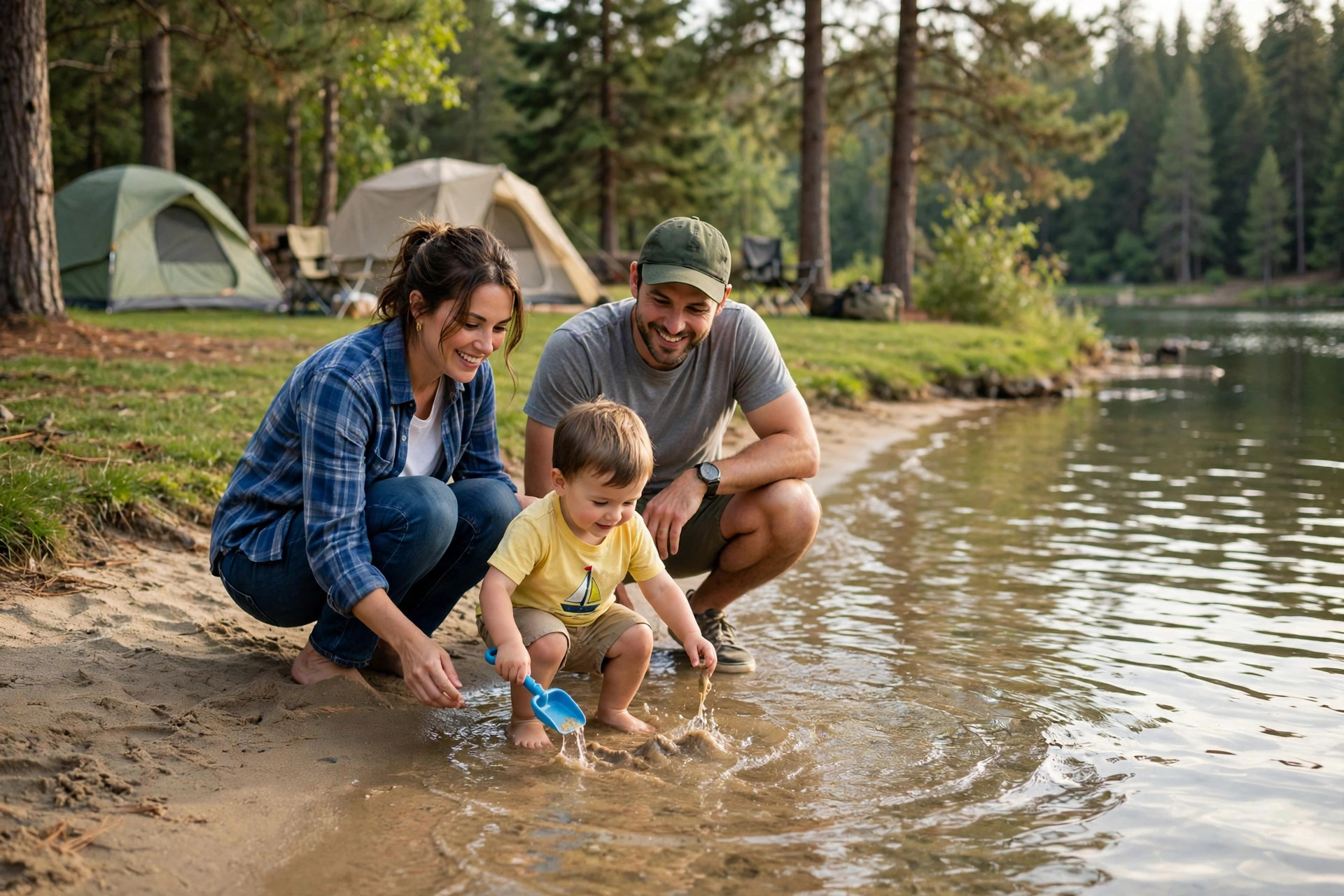 12 Questions to Ask Before Booking a Family Campground 10 Young family with a toddler playing safely at the shallow sandy shore of a calm lake at a family campground