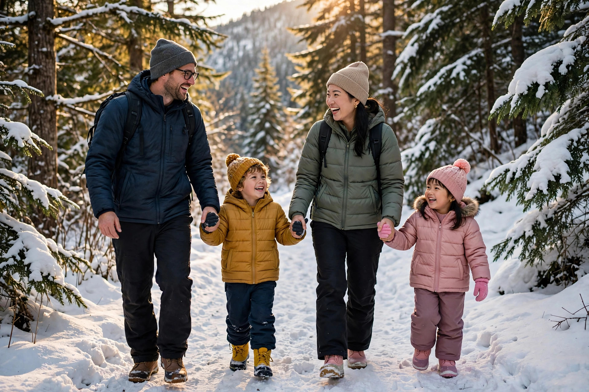 Winter Hiking Trails Near Seattle 10 Family with small kids hiking a snowy winter trail near Seattle Washington