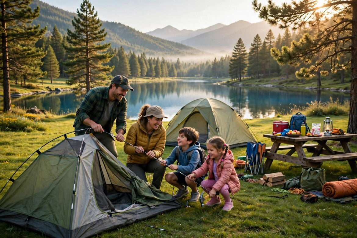 Family with kids setting up camping tents together at a beautiful green campground with a lake and pine trees in warm morning light