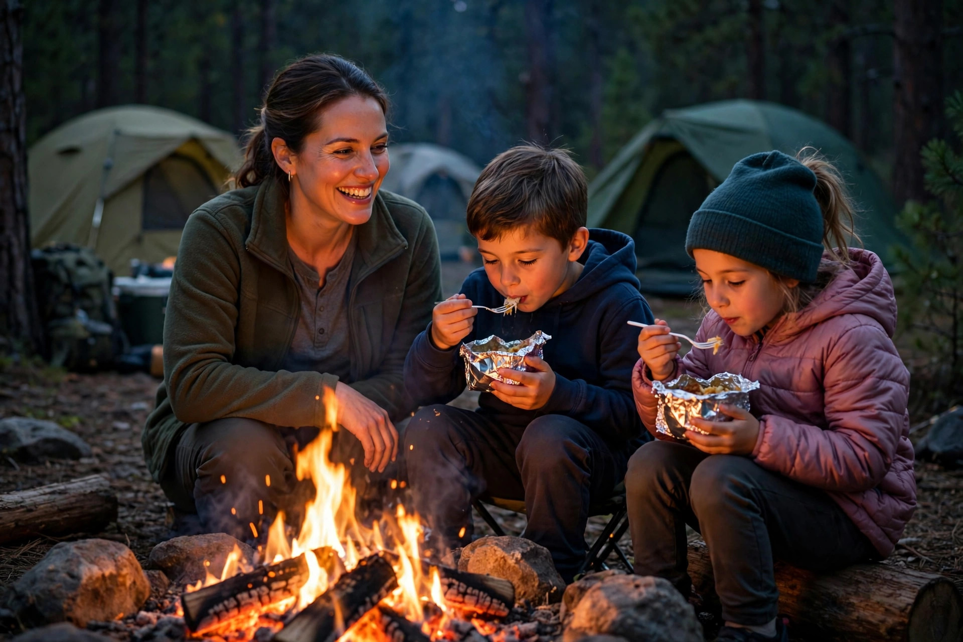 Family eating foil-packet dinners around a campfire at dusk