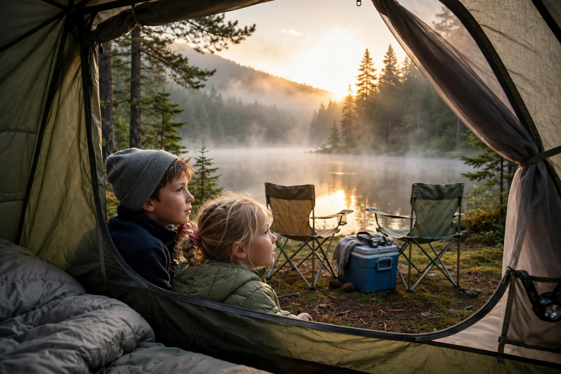 Kids looking out of a tent at sunrise over a misty lake