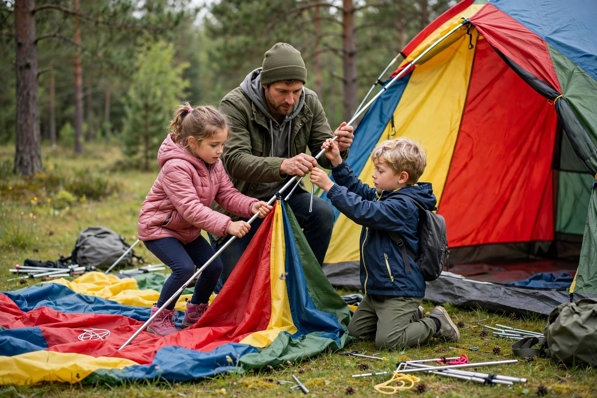 Father and two kids pitching a family tent together at a forest campsite