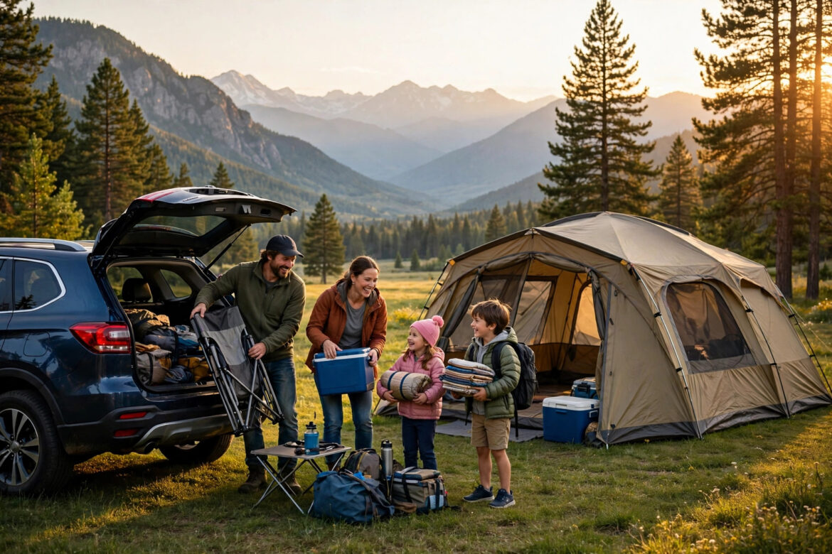 Family arriving at a sunny campsite with their tent, car, and camping gear