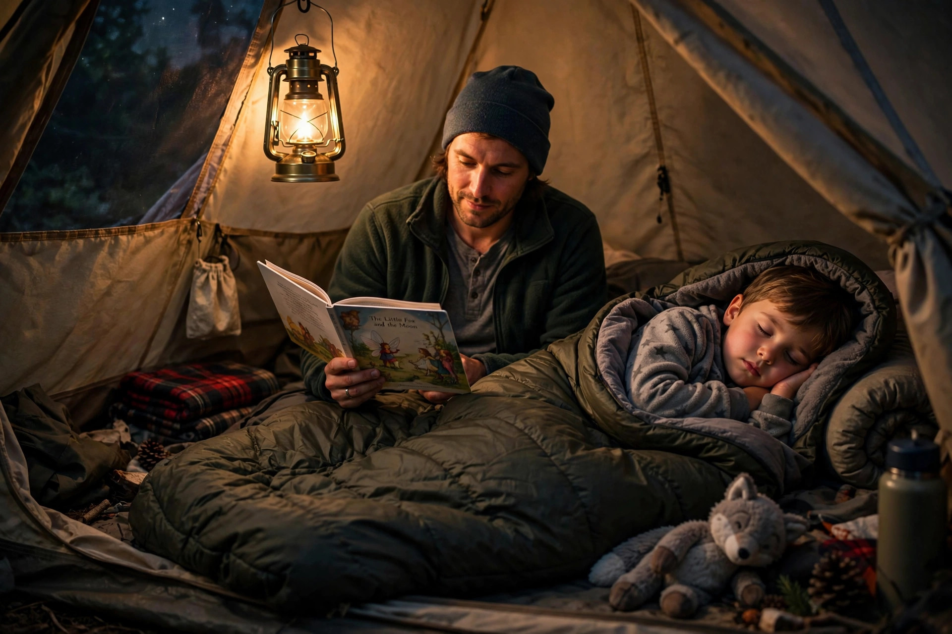 First Time Camping with Kids: 15 Mistakes to Avoid 11 Child sleeping peacefully in a warm sleeping bag inside a tent while a parent reads a bedtime story by soft lantern light