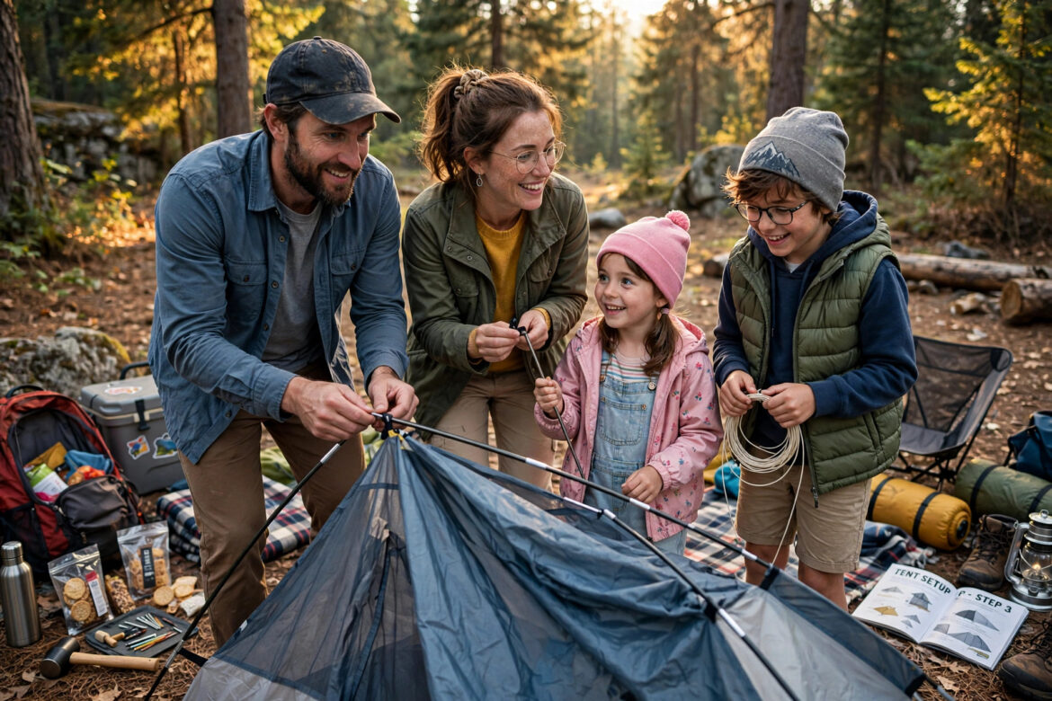 Family pitching a tent together at a forest campsite for the first time, parents guiding two young children with camping gear around them