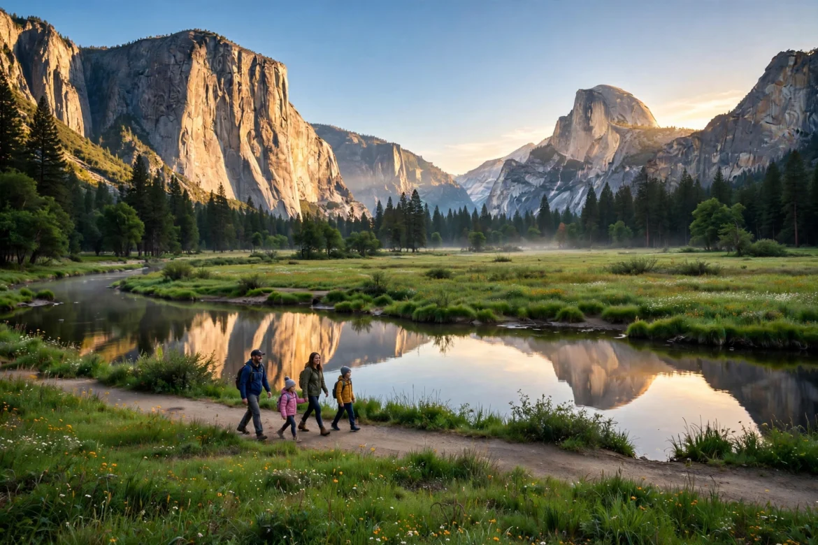Family walking along a riverside path in Yosemite Valley at sunrise with El Capitan and Half Dome in the distance