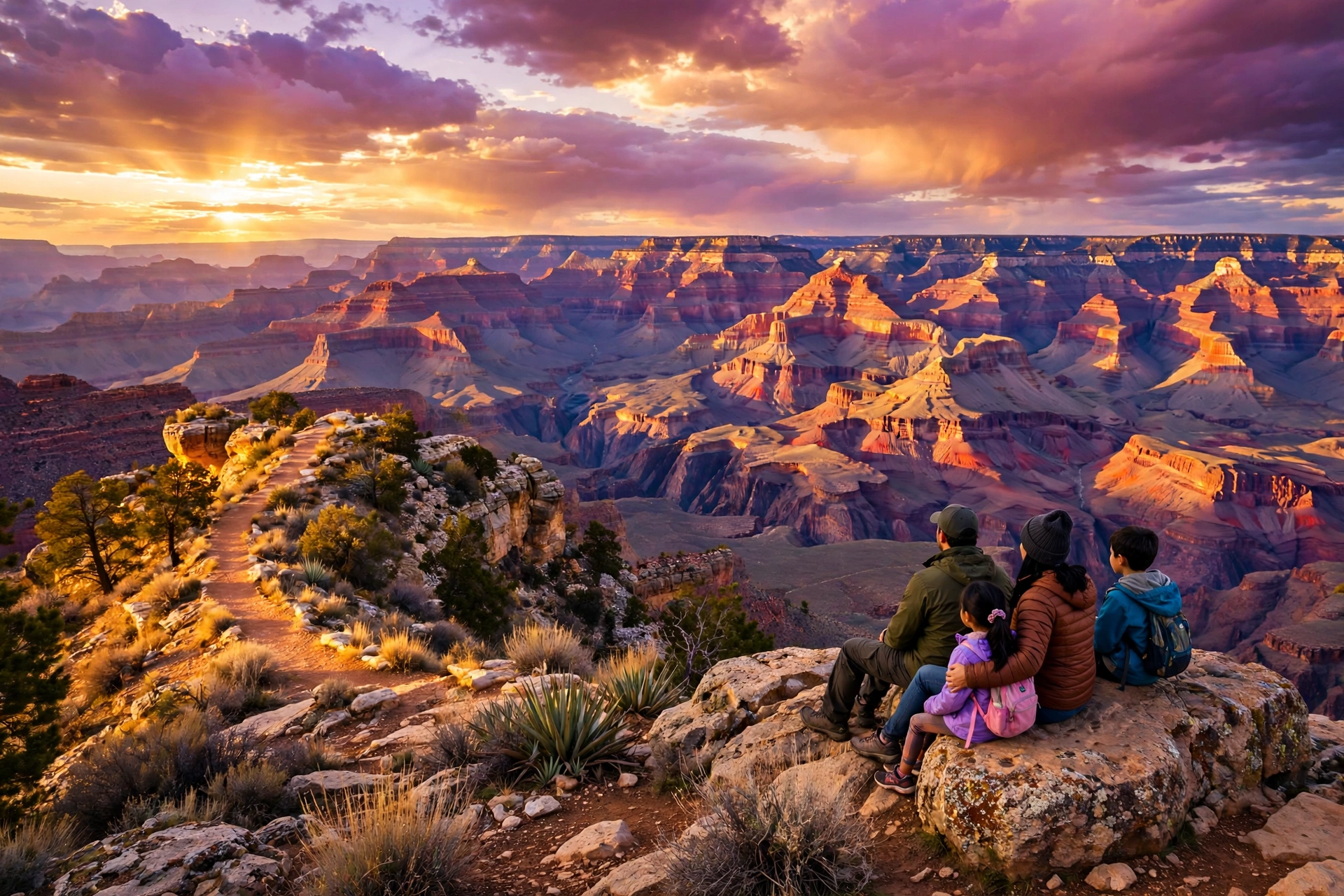 Parents and kids sitting at a Grand Canyon South Rim overlook at sunset