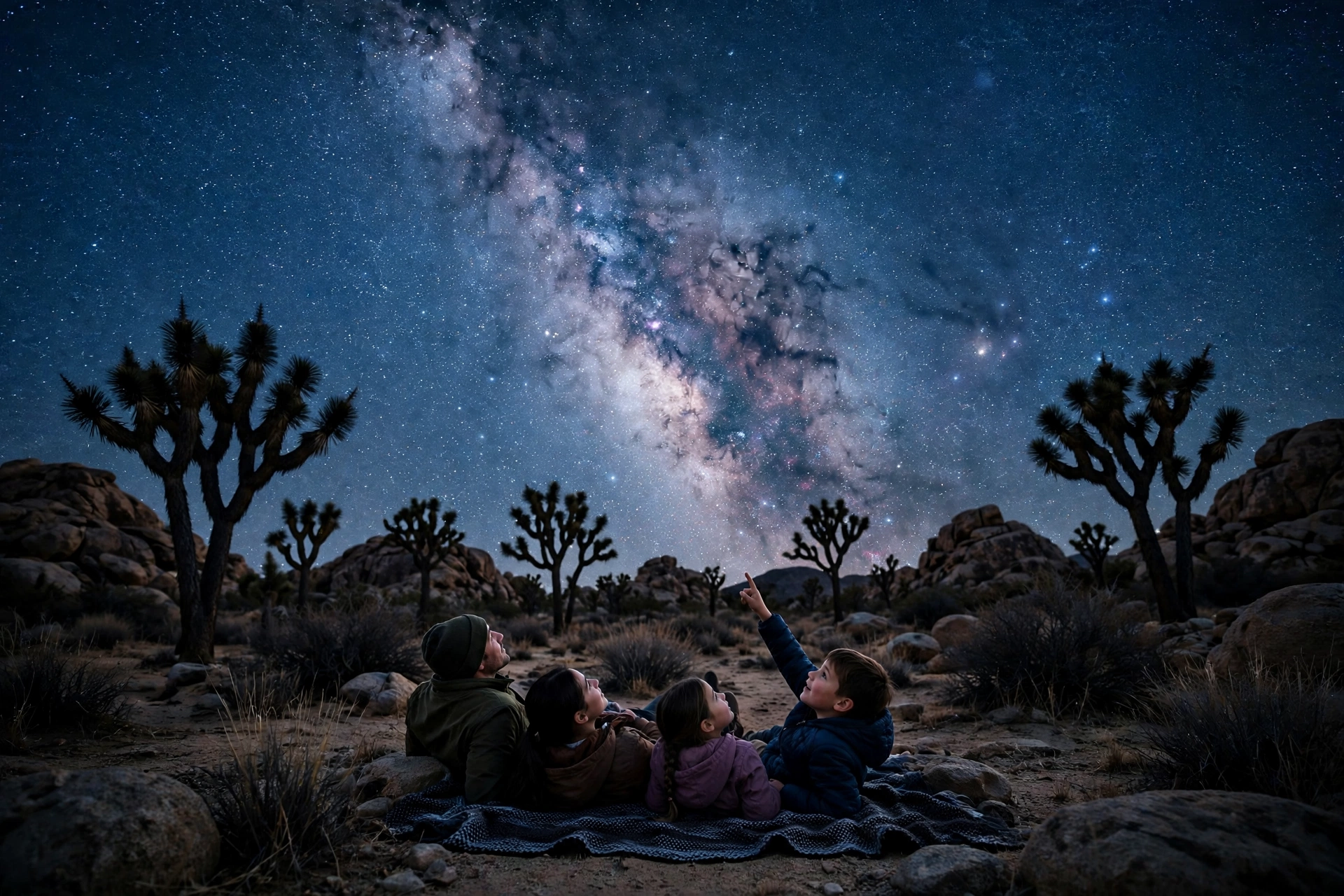 Family lying on a blanket stargazing at the Milky Way in a desert national park