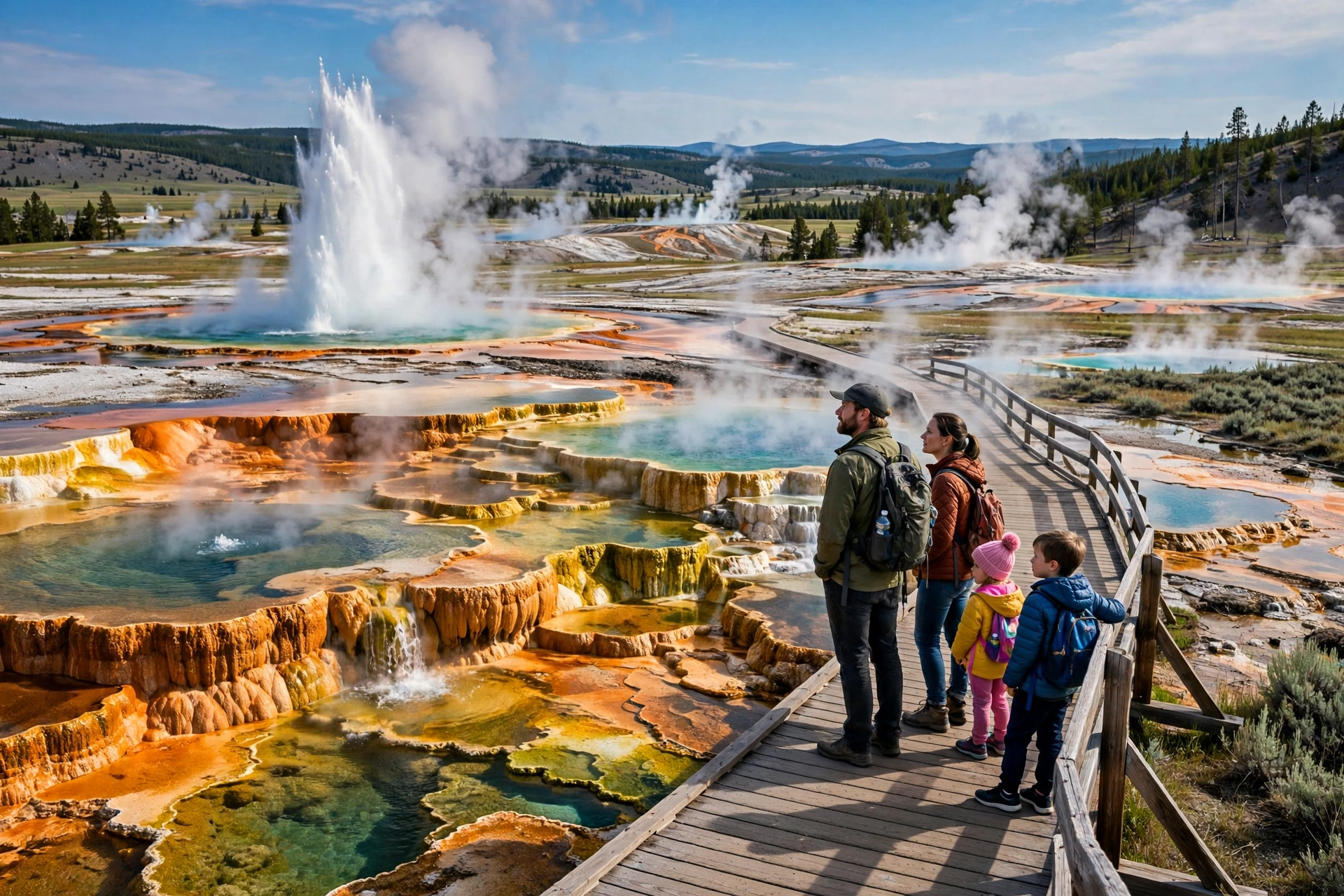 Geyser erupting at Yellowstone Upper Geyser Basin with a family watching from the boardwalk