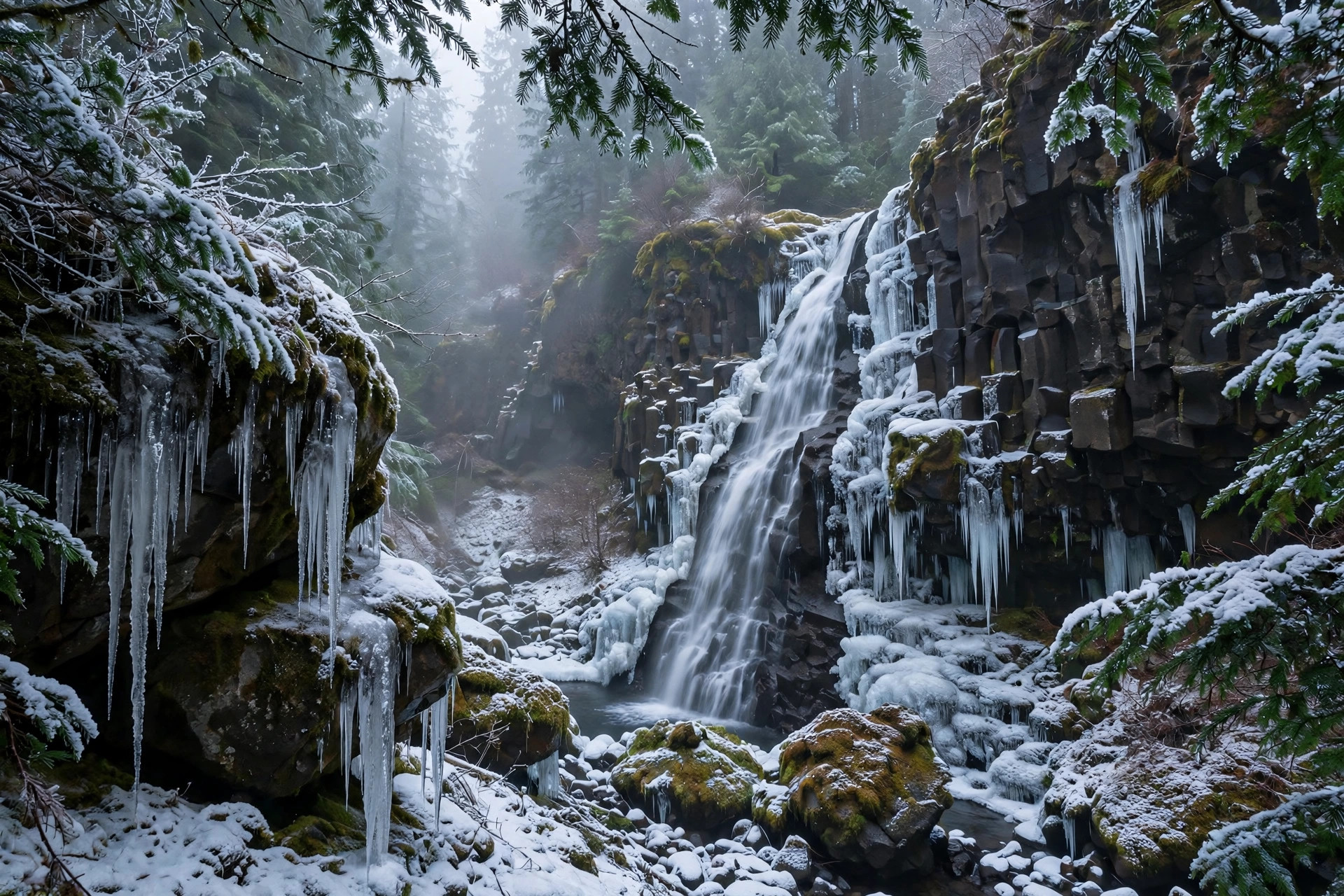 Winter Hiking Trails Near Seattle 12 Partially frozen waterfall in a Pacific Northwest forest in winter