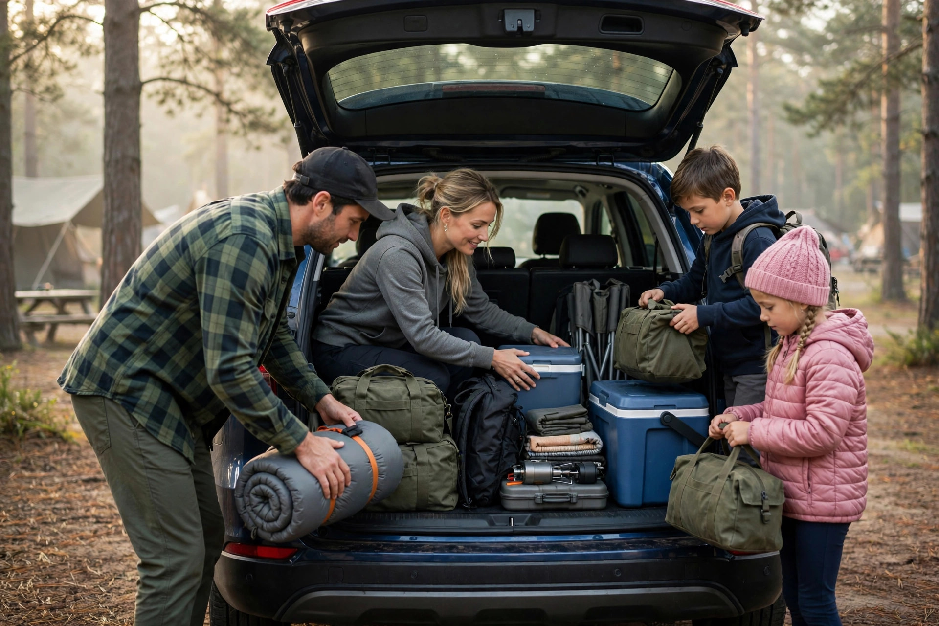 21 Gas-Saving Tips for Long Road Trips with Kids 10 Family packing a car trunk neatly with organized camping gear