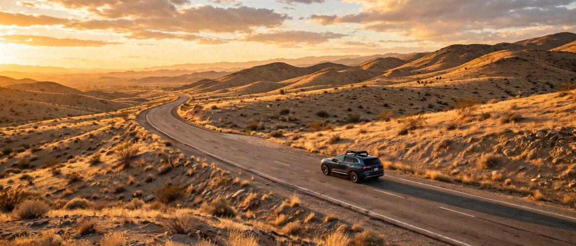 Family SUV driving on a scenic desert highway at sunset