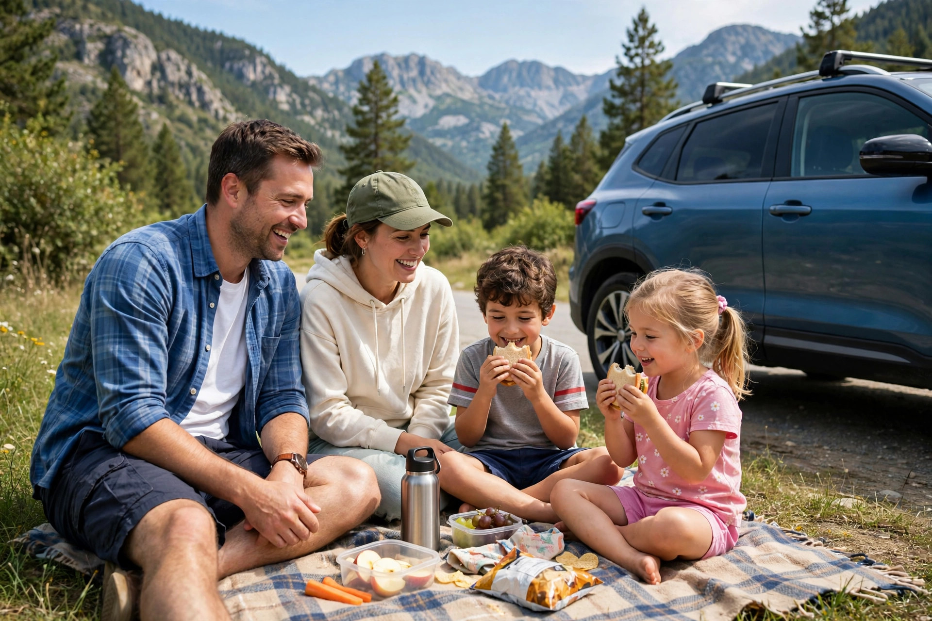 21 Gas-Saving Tips for Long Road Trips with Kids 12 Family enjoying a roadside picnic stop next to their SUV