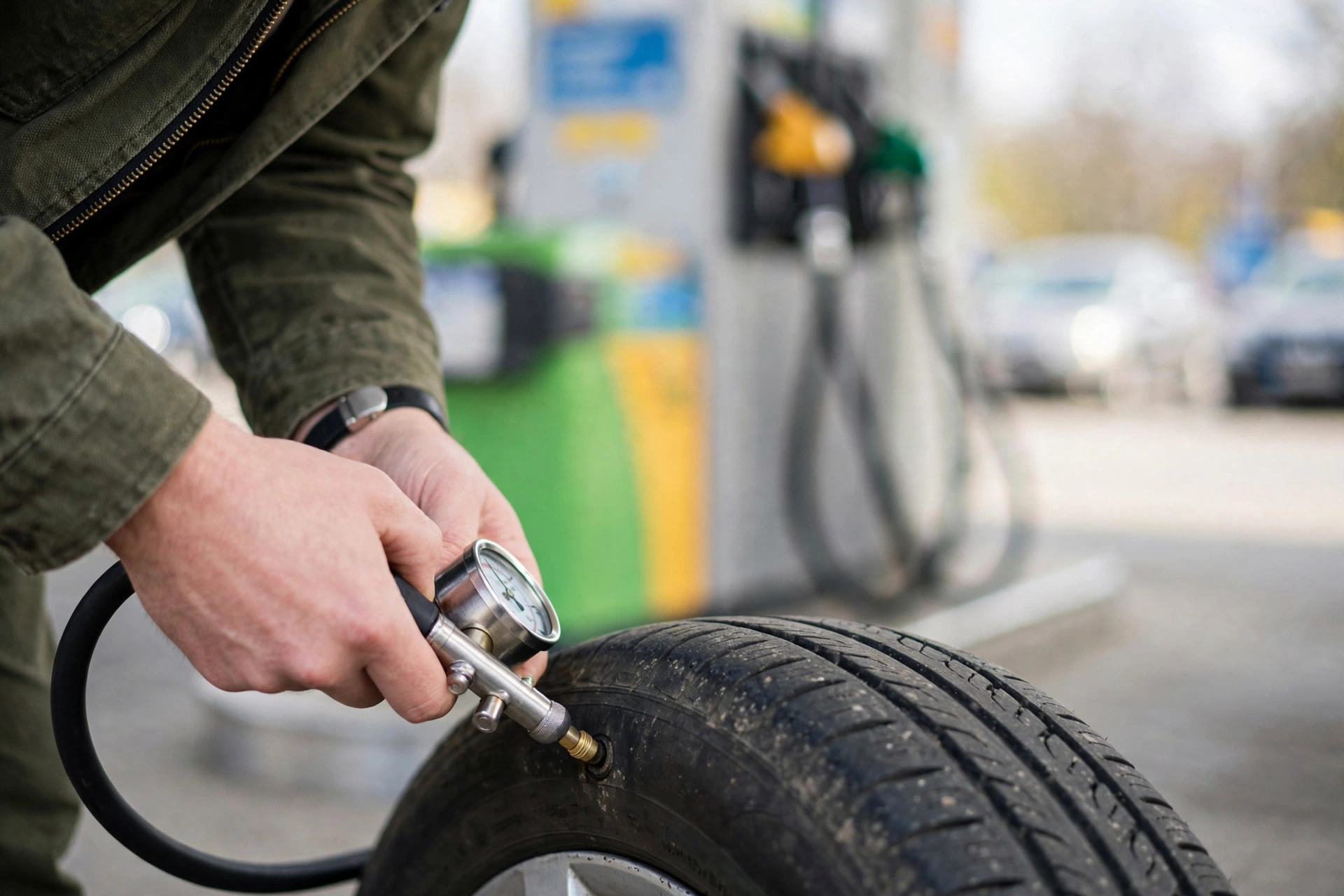 21 Gas-Saving Tips for Long Road Trips with Kids 11 Checking tire pressure on a car tire at a gas station