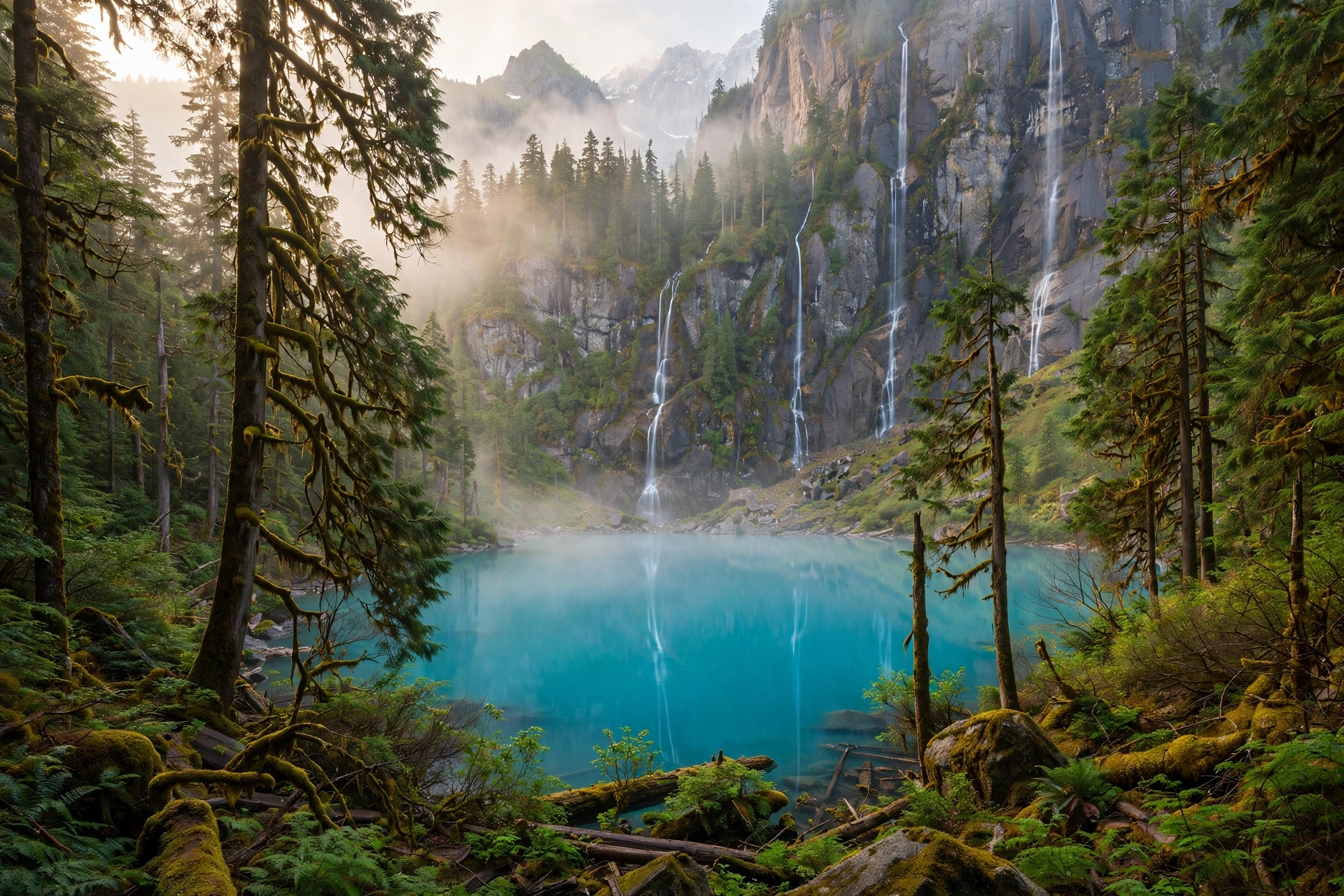 Cascading waterfalls pouring into turquoise Avalanche Lake in Glacier National Park