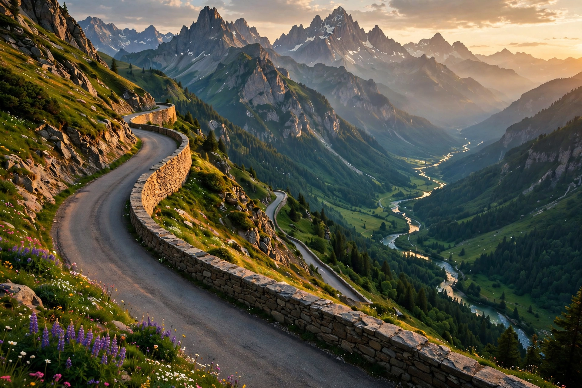 Going-to-the-Sun Road winding along a mountainside above a valley at golden hour in Glacier National Park