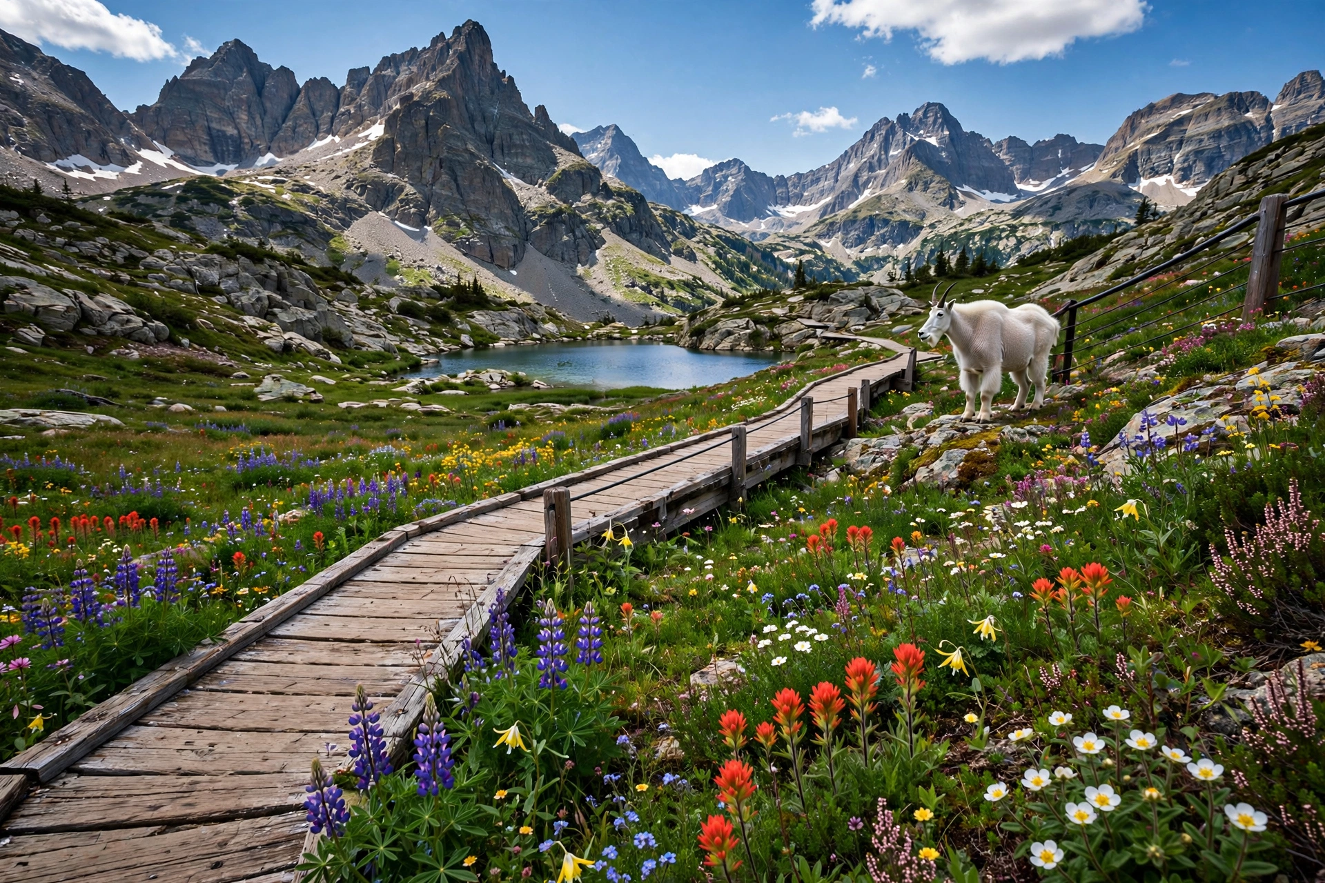 Boardwalk trail leading to Hidden Lake Overlook with a mountain goat in Glacier National Park