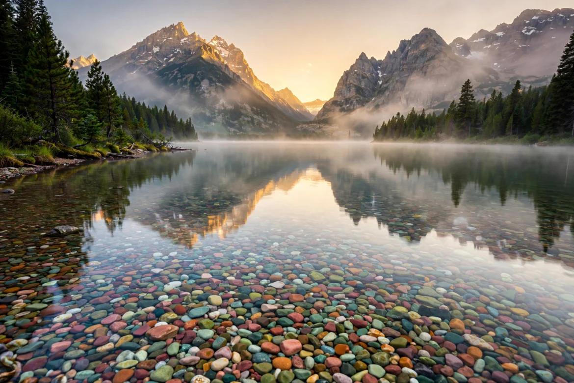 Lake McDonald shoreline with colorful pebbles and mountain reflections at sunrise in Glacier National Park