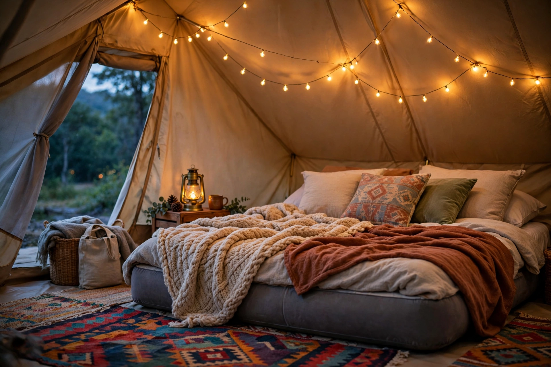 Cozy luxury tent interior at dusk with layered blankets, pillows and string lights