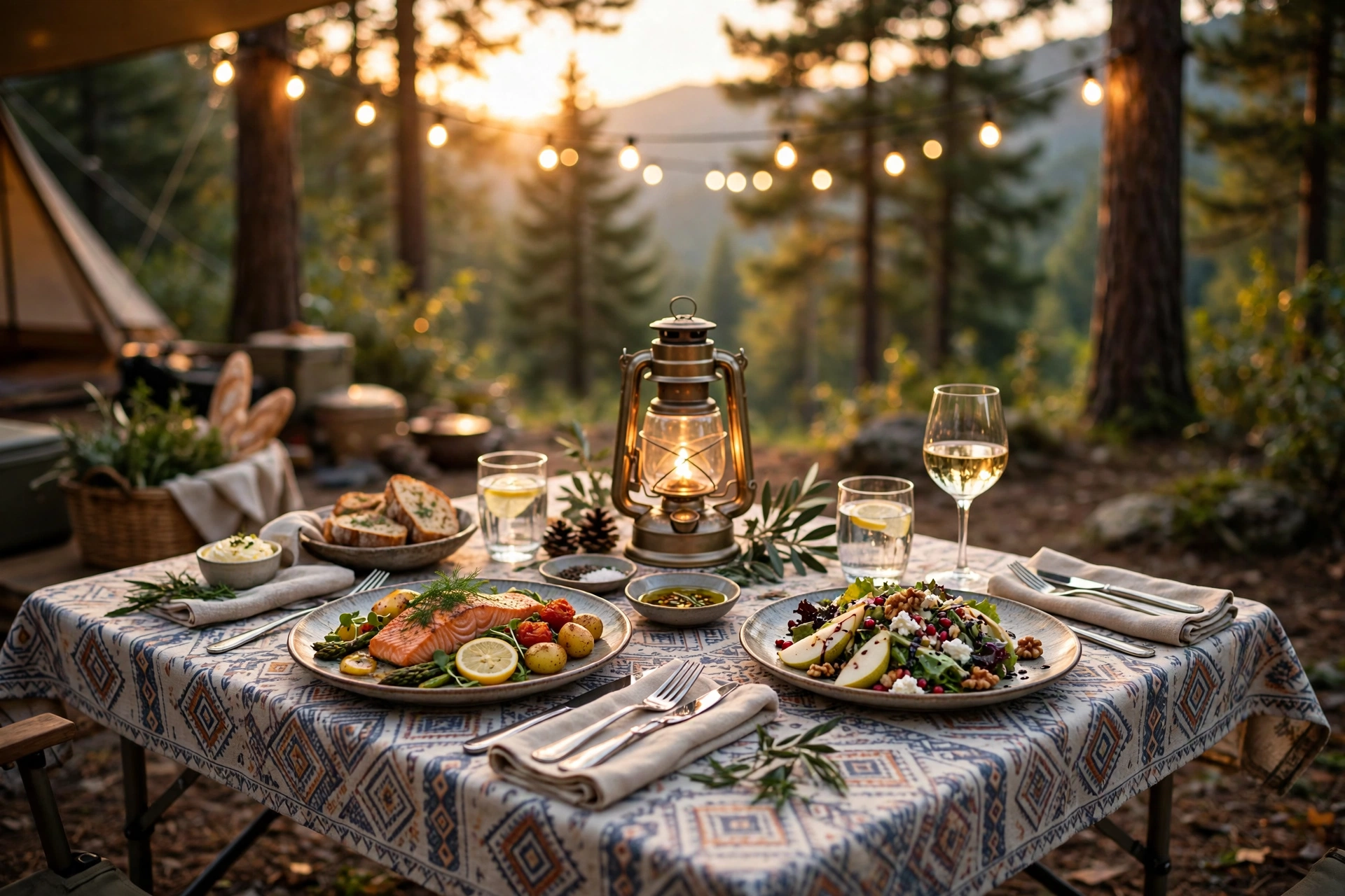 Elegant campsite dining table with tablecloth, real glassware and glowing string lights at golden hour