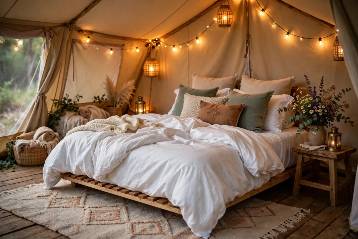 Luxury glamping tent interior with plush white bedding, warm string lights and glowing lanterns