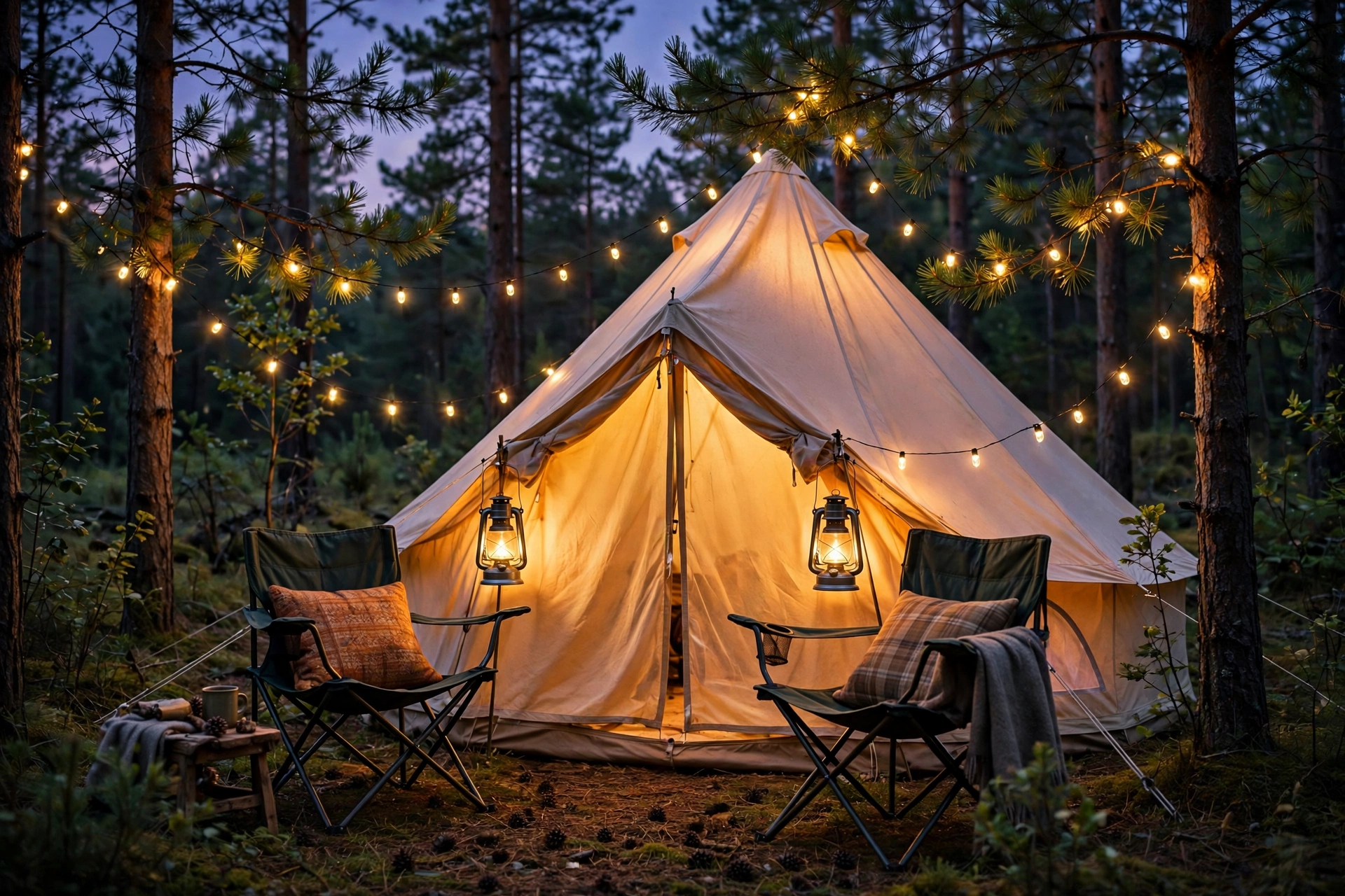 Canvas camping tent glowing warmly at dusk in a pine forest with lanterns and lounge chairs