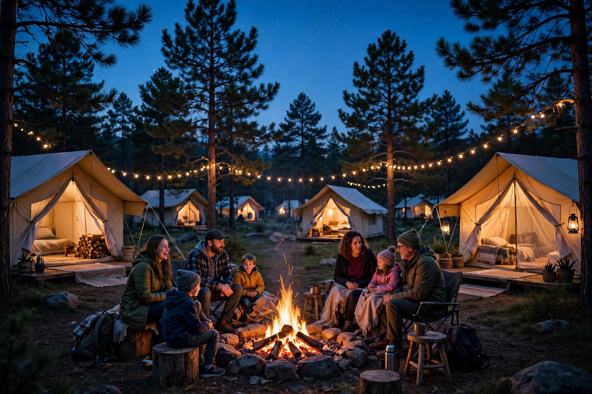 Glamping with Kids: Best Family Sites & Tips (2026) 12 Glamping resort at dusk with glowing safari tents and string lights
