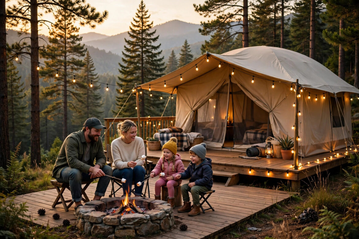 Family glamping with kids at golden hour, safari tent and campfire in a pine forest