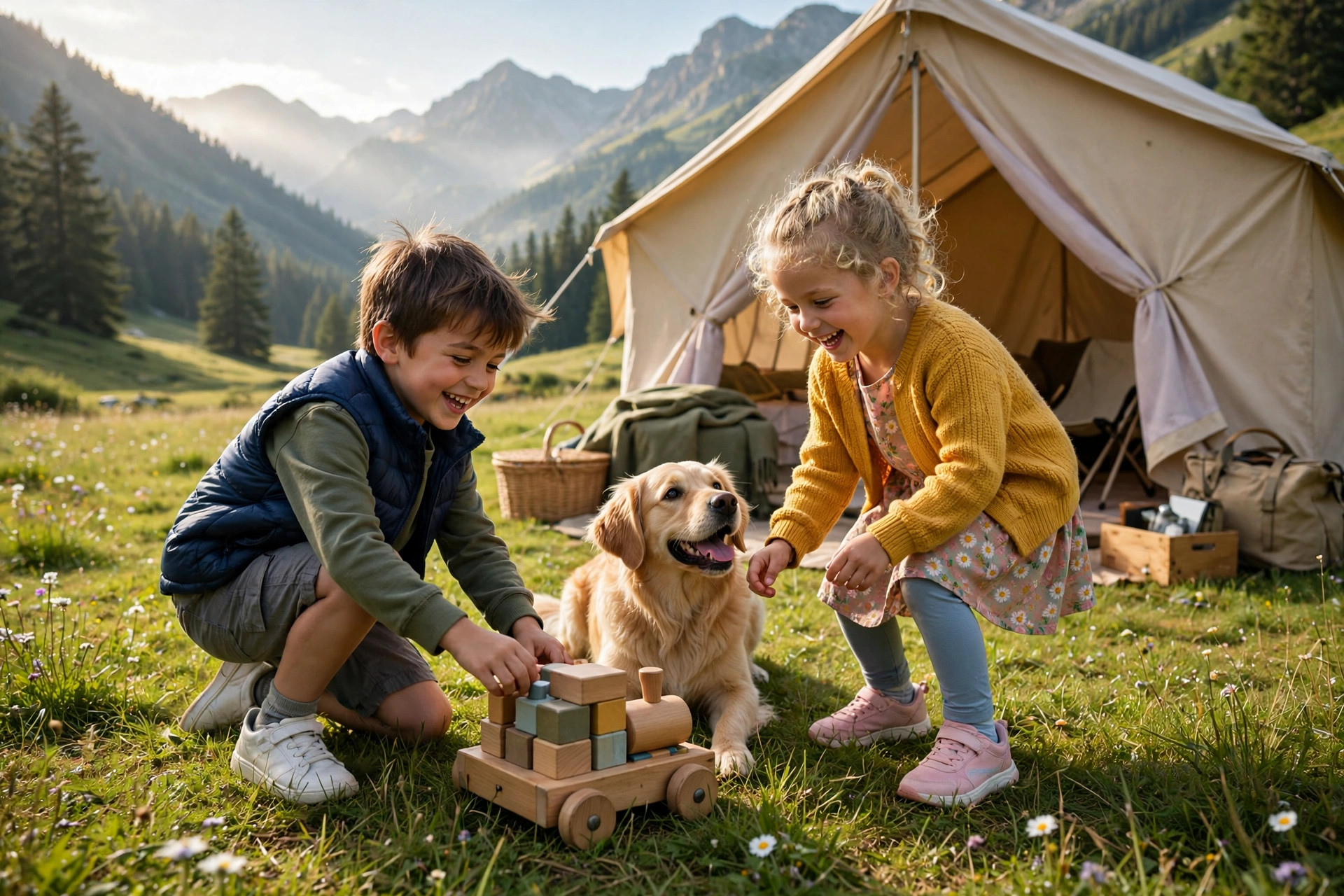 Glamping with Kids: Best Family Sites & Tips (2026) 11 Children playing on a grassy meadow outside a canvas glamping tent