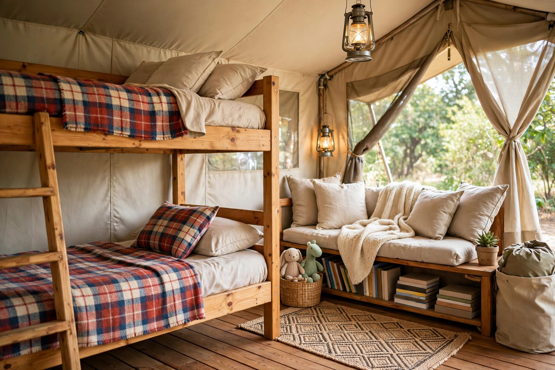 Glamping with Kids: Best Family Sites & Tips (2026) 10 Cozy family glamping tent interior with bunk beds and warm lantern light