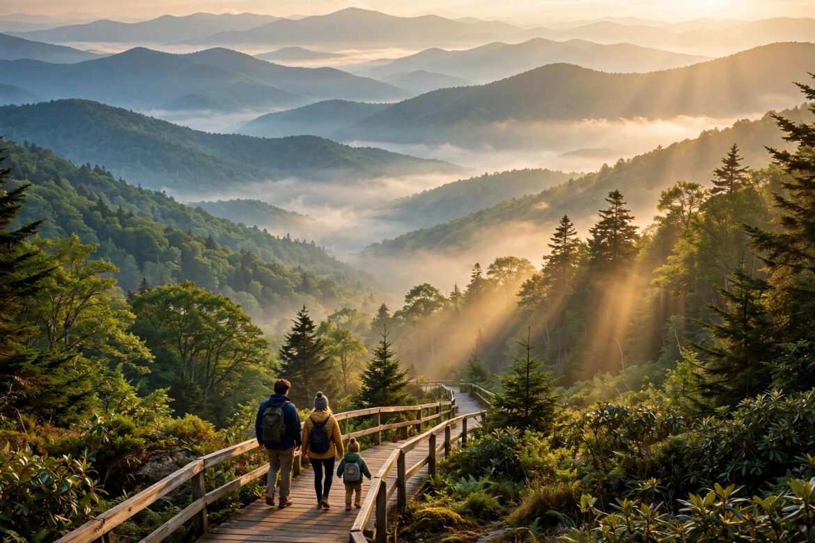 Family with a toddler walking on a wooden boardwalk through the misty Great Smoky Mountains at sunrise