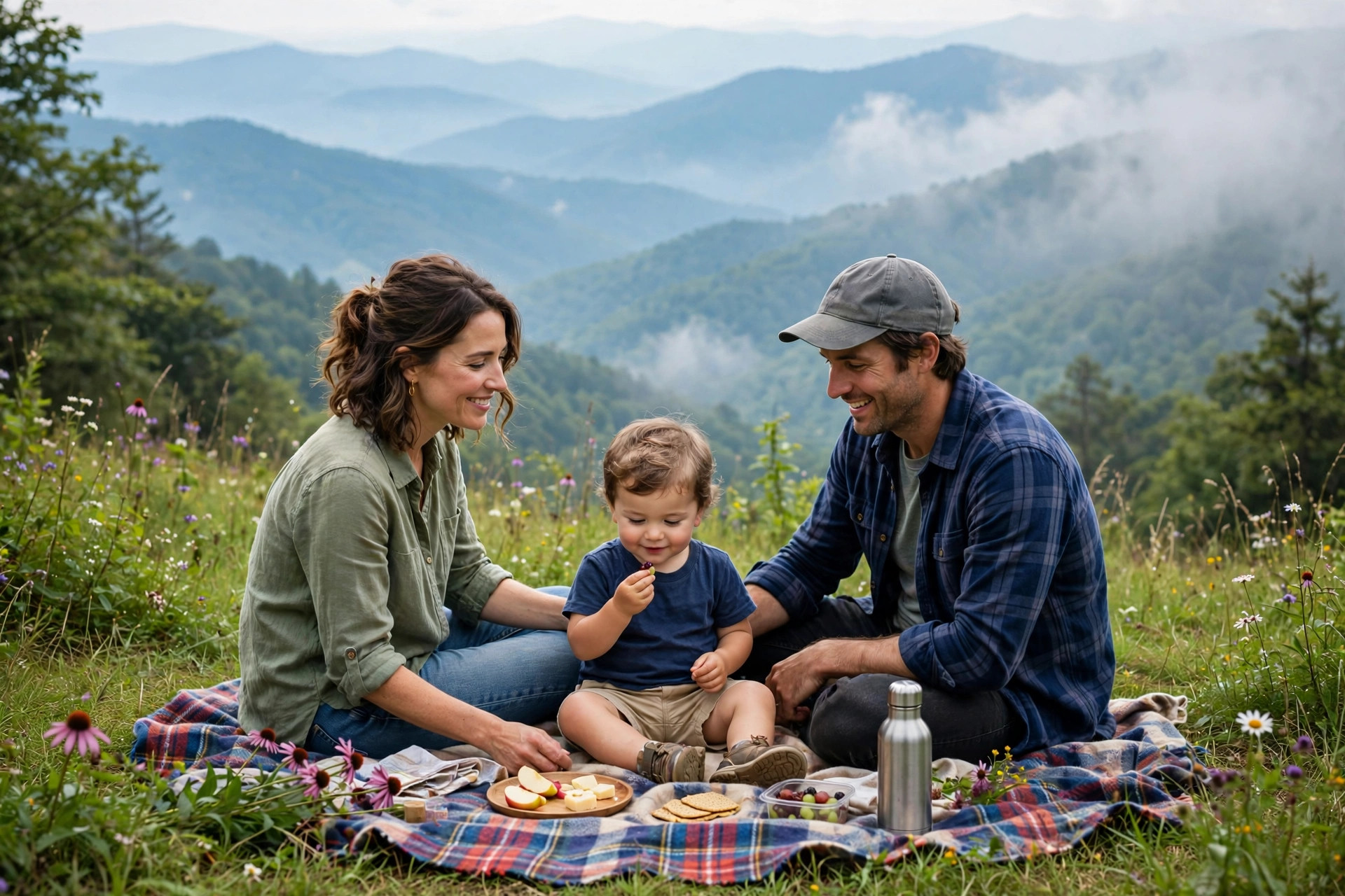 Great Smoky Mountains with Toddlers: What Works and What Doesn't 11 Parents and a toddler enjoying a picnic at a scenic mountain overlook in the Great Smoky Mountains