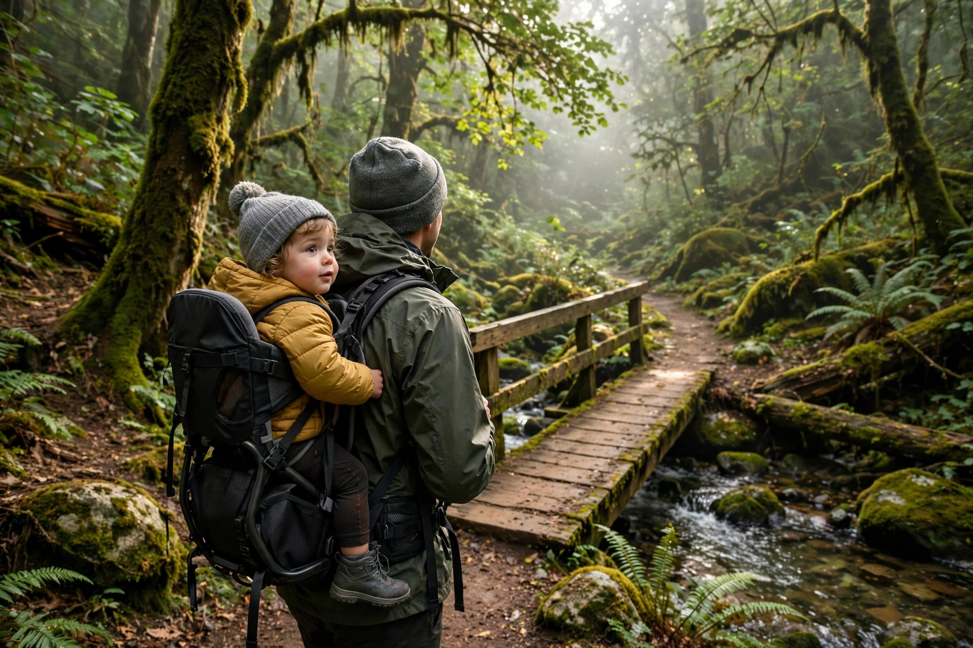 Great Smoky Mountains with Toddlers: What Works and What Doesn't 12 Parent carrying a toddler in a hiking carrier backpack on a mossy forest trail in the Great Smoky Mountains