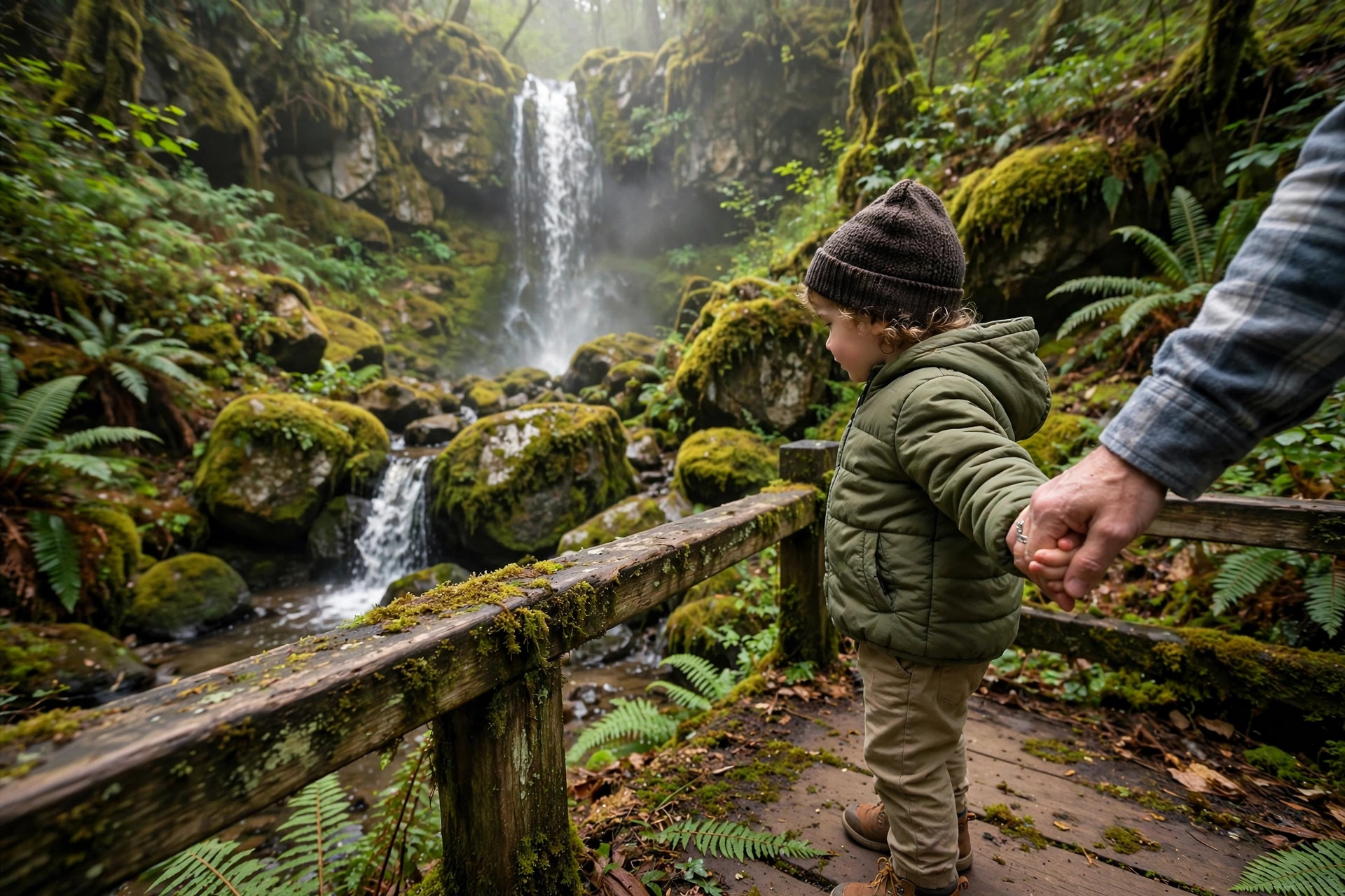Great Smoky Mountains with Toddlers: What Works and What Doesn't 10 Toddler holding a parent's hand while looking at a waterfall in the Great Smoky Mountains